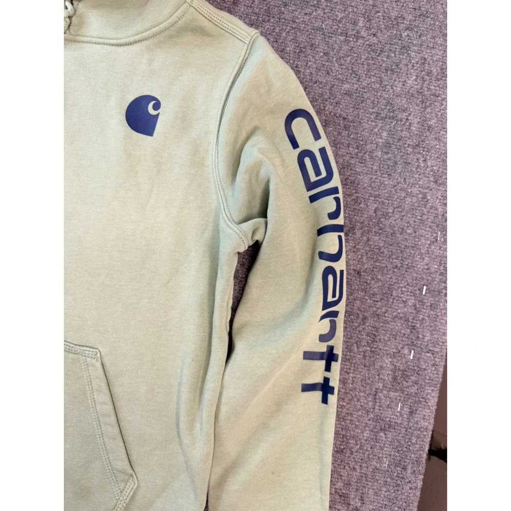 Carhartt‎ Hoodie Large L 12-14 Green Cotton Relaxed Fit Graphic Sleeve Pullover
